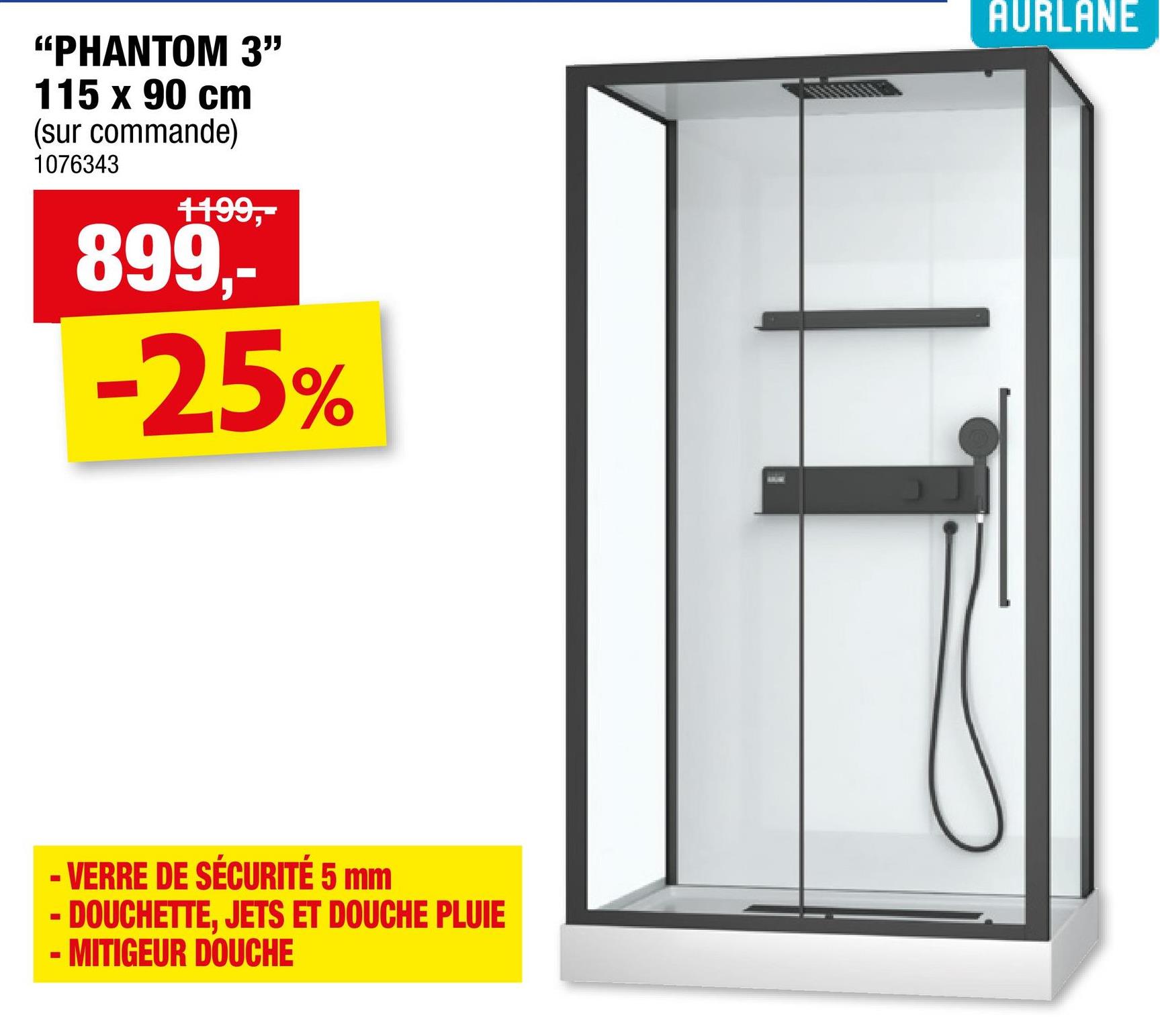 Aurlane cabine de douche Phantom 115x90 cm Cabine de douche Phantom rectangulaire - blanc renforcé avec profilés laqués noir mat.Dimensions : 90x115x217 cmHauteur minimale d'installation : 230cmPortes coulissantes réversibles en verre trempé 6mmParois arrière blanches en verre trempé 5mmToit en verre trempé blanc 5mmReceveur de douche en acrylique blanc renforcéPoignées en métal noir matFermeture magnétiqueMontage sans siliconeDouche de tête en acier inoxydable laqué noir matPanneau d'étagère de 60cm, support de douchette à  main encastré en aluminium laqué noir matDouchette à  main avec picots anticalcaires et flexible en PVC noir matMitigeur mécaniqueTablette en aluminium laqué noirBonde à  grand débit 90mmGrille caniveau noir mat