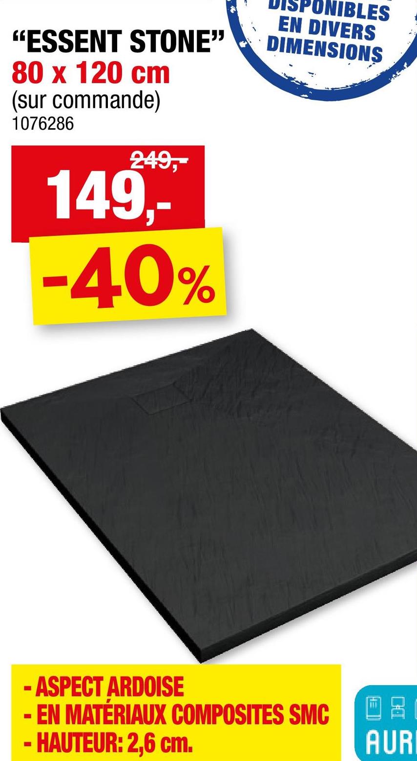 Aurlane Essent Stone receveur de douche rectangle 80x120 cm aspect ardoise noir Le receveur de douche Essent Stone s'intègre parfaitement dans un espace de douche moderne. Ce receveur de douche en résine SMC avec finition ardoise a un effet pierre, est très résistant aux chocs et conserve sa couleur au fil du temps.Dimensions 80x120x26 cmPente diamantCache-bonde fourniBonde 90mm non inclusReceveur de douche en SMC très résistant et imputrescible<CRLF>Belle finition effet pierreInstallation facile