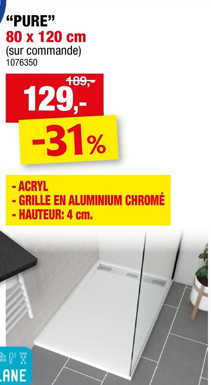 Aurlane Pure receveur de douche 120x80x4 cm blanc Le receveur de douche Pure en acrylique blanc assure un confort optimal. Antidérapant et très tendance, il apporte une touche de modernité à  votre salle de bains.<br />
<br />
La grille en aluminium chromé s'adapte parfaitement à  la robinetterie de votre salle de bains. Les matériaux ont été choisis pour assurer résistance et durabilité dans le temps. D'une hauteur de 4cm, le receveur est extra plat et peut être posé ou encastré.
<ul>
	<li>Receveur de douche blanc en acrylique renforcé</li>
	<li>A poser ou à  encastrer&nbsp;</li>
	<li>Surface antidérapante à  18°</li>
	<li>Grille en aluminium chromé&nbsp;</li>
	<li>Hauteur: 4cm</li>
</ul>