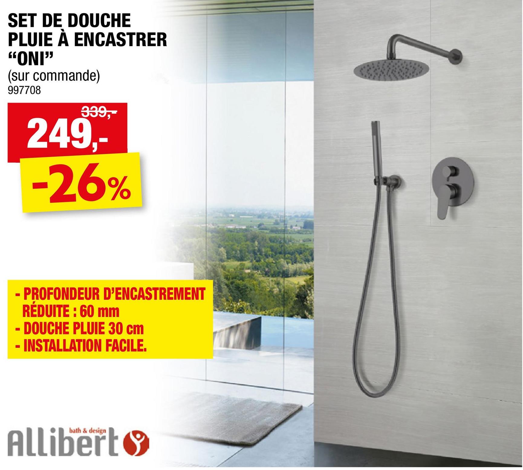 Allibert Oni colonne de douche avec robinet noir La colonne de douche encastrée Oni d'Allibert est une addition élégante et moderne à  toute salle de bains, offrant une combinaison parfaite de style et de fonctionnalité. La colonne de douche comprend un pommeau de douche rond, un robinet et une douchette avec un flexible et un support mural. Transformez votre routine de douche quotidienne en une expérience luxueuse avec cette colonne de douche au design élégant, parfaite pour des environnements de salle de bains aussi bien contemporains que classiques. Découvrez la polyvalence et les avantages de cette colonne de douche encastrée Oni, idéale pour diverses applications. Que vous rénoviez votre salle de bains principale ou que vous mettiez à  jour une salle de bains pour invités, cette colonne de douche apportera une touche raffinée qui améliorera l'esthétique globale de votre espace. Son look minimaliste offre une touche sophistiquée et élégante.<CRLF><ul> <li>Profondeur d'encastrement réduite : 60mm</li> <li>Pommeau de douche rond : 30cm</li> <li>Douche principale, douchette et robinet</li> <li>Douchette avec flexible de 1,5m et support mural</li> <li>Ajustable entre 120cm et 150cm</li> <li>Comprend un boàtier d'encastrement</li>  <li>Forme ronde avec finition noire distinctive</li> </ul>