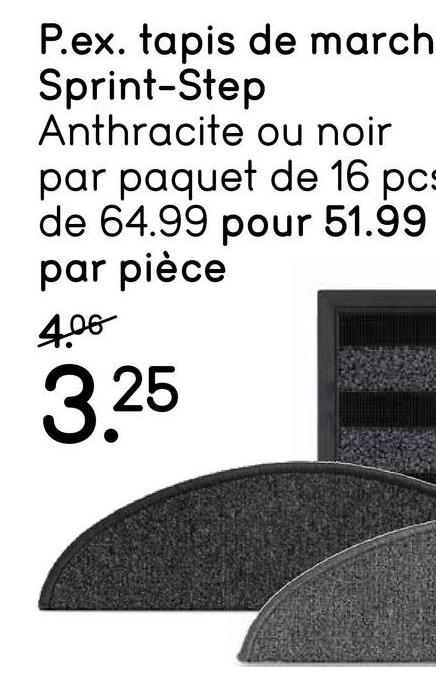 Carpette d'escalier Sprintstep - anthracite - 16 pièces La carpette d'escalier Sprintstep en couleur anthracite comprend 16 pieces. Les demi-lunes sont antidérapantes et protègent votre escalier de l'usure. La carpette Sprintstep a une bande adhésive autocollante.