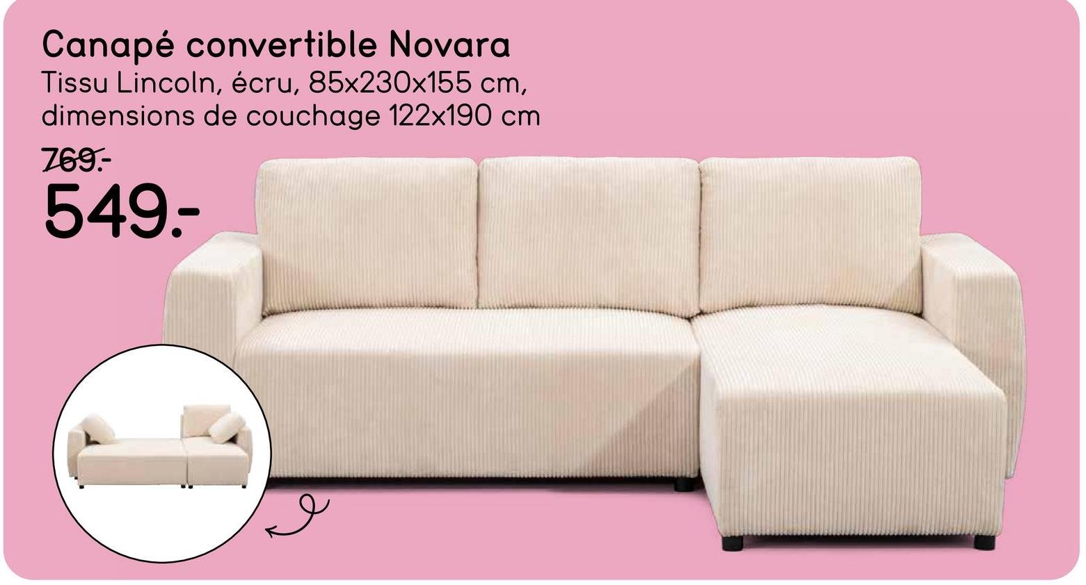 Canapé convertible Novara - écru - 85x230x155 cm