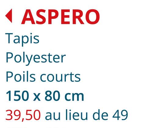 ◄ ASPERO
Tapis
Polyester
Poils courts
150 x 80 cm
39,50 au lieu de 49