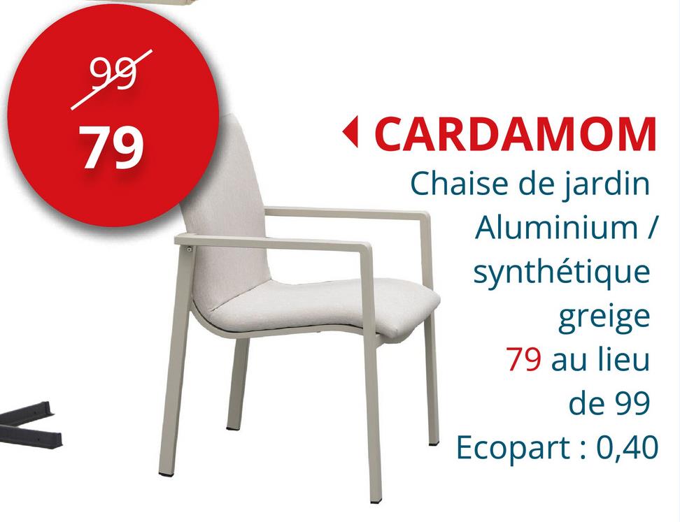 99
79
◄ CARDAMOM
Chaise de jardin
Aluminium /
synthétique
greige
79 au lieu
de 99
Ecopart: 0,40