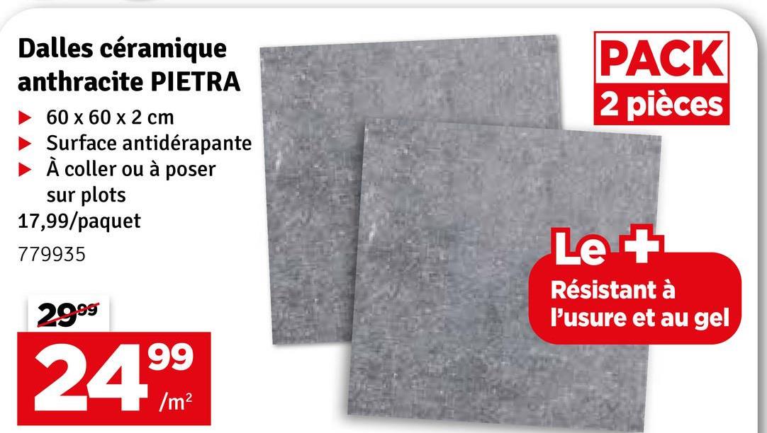 Dalles céramique
anthracite PIETRA
60 x 60 x 2 cm
Surface antidérapante
À coller ou à poser
sur plots
17,99/paquet
779935
2999
99
24/
PACK
2 pièces
Le +
Résistant à
l'usure et au gel