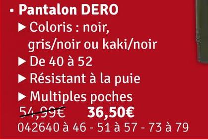 · Pantalon DERO
► Coloris : noir,
gris/noir ou kaki/noir
▶ De 40 à 52
► Résistant à la puie
► Multiples poches
54,99€
36,50€
042640 à 46 - 51 à 57 - 73 à 79