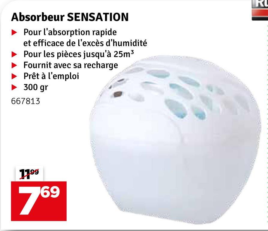 Absorbeur SENSATION
Pour l'absorption rapide
et efficace de l'excès d'humidité
Pour les pièces jusqu'à 25m³
Fournit avec sa recharge
Prêt à l'emploi
► 300 gr
667813
1199
769
R