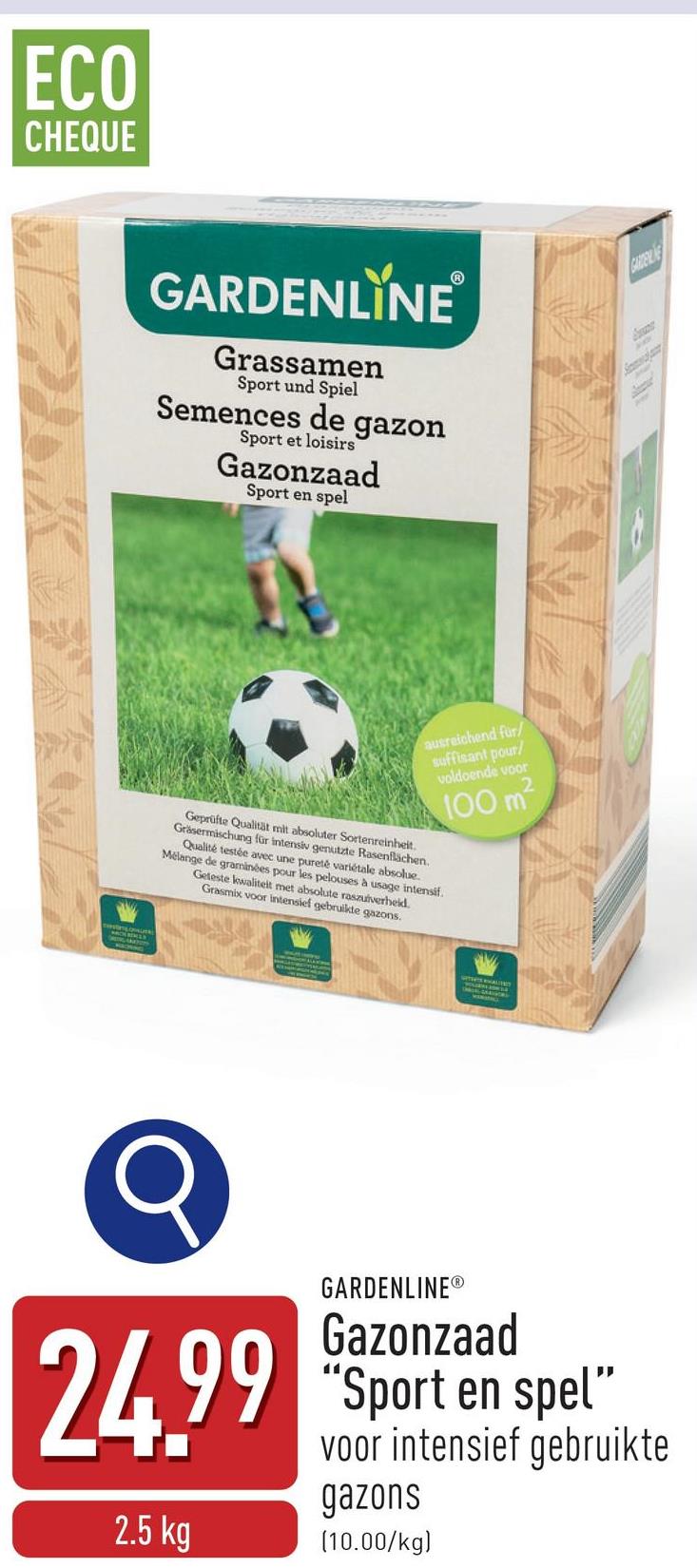 Gazonzaad "Sport en spel" bestaat uit een snel ontkiemend grassenmengsel dat in enkele weken een gesloten, donkergroen gazon vormt, voor intensief gebruikte gazons, geschikt voor 100 m², geteste kwaliteit volgens RSM 2.3 (regelzaaigoedmengsel)