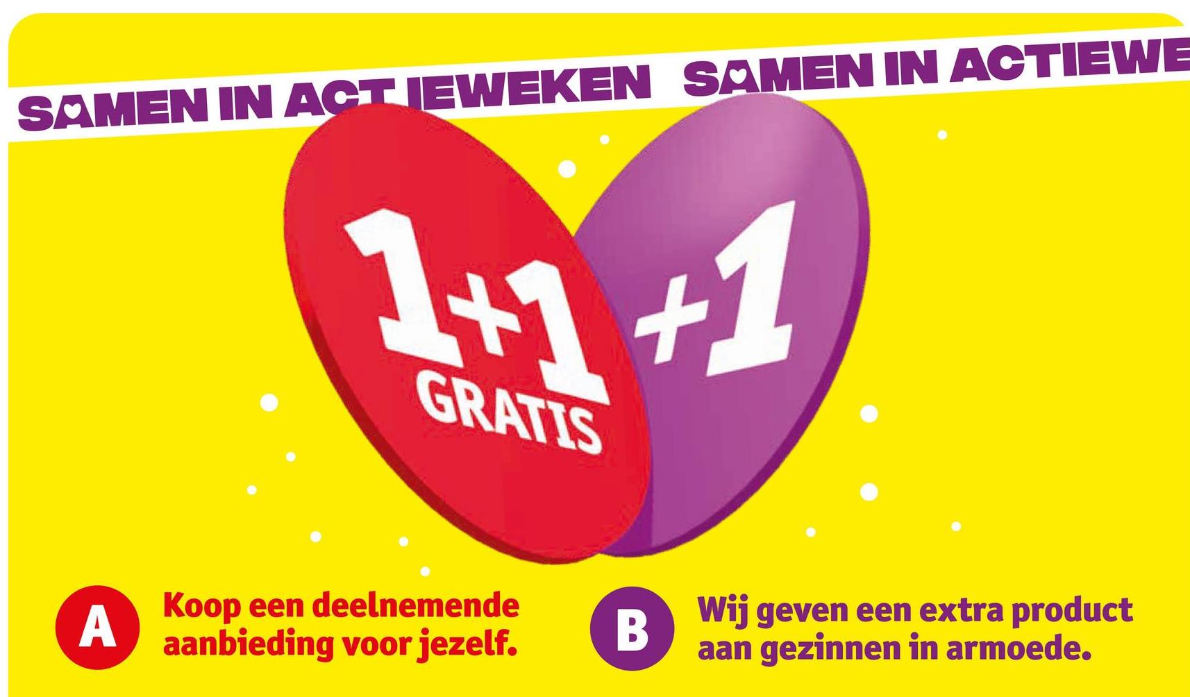 SAMEN IN ACT JEWEKEN SAMEN IN ACTIEWE
1+1 +1
GRATIS
A
Koop een deelnemende
aanbieding voor jezelf.
B
Wij geven een extra product
aan gezinnen in armoede.