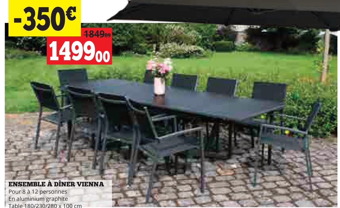 -350€
484989
149900
ENSEMBLE À DÎNER VIENNA
Pour 8 à 12 personnes
En aluminium graphite
Table 180/230/280 x 100 cm