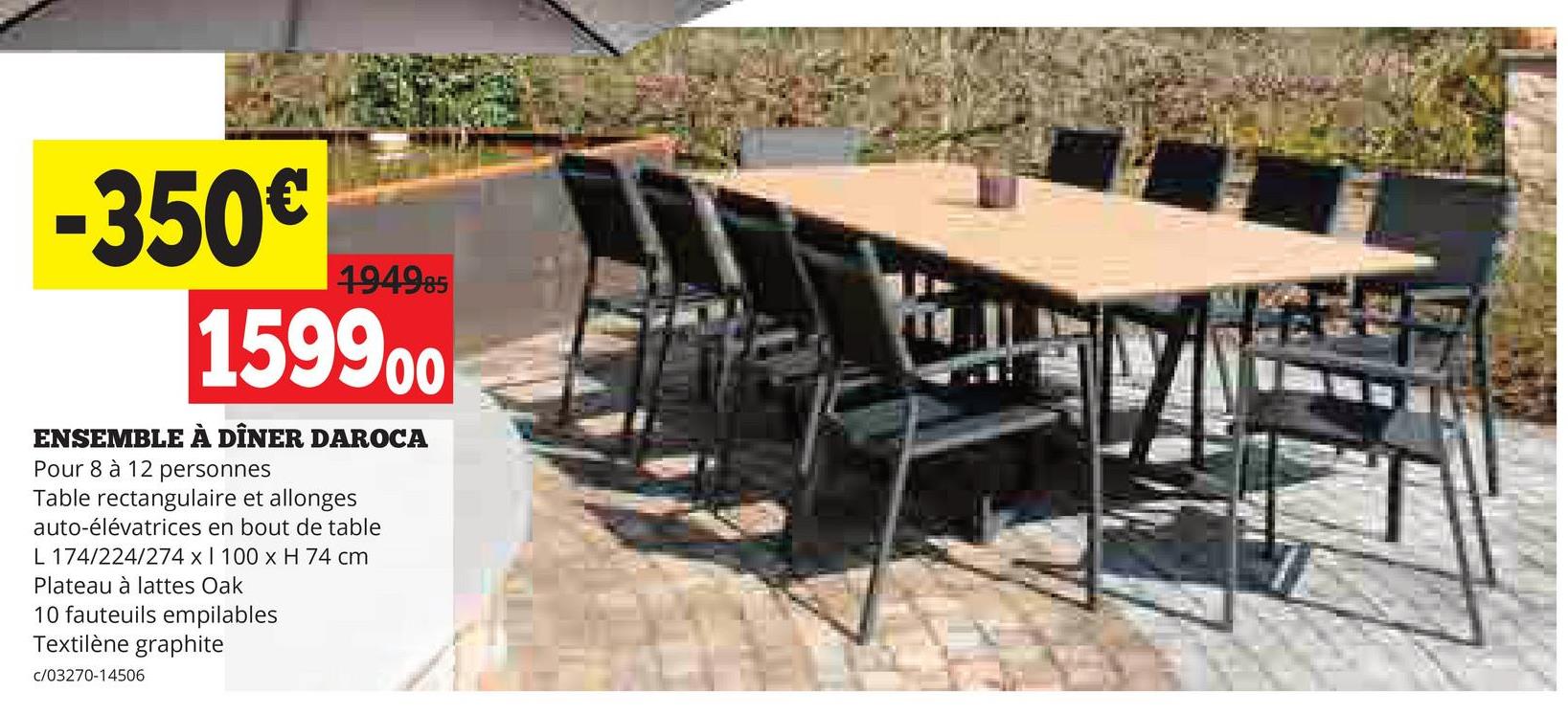 -350€
194985
159900
ENSEMBLE À DÎNER DAROCA
Pour 8 à 12 personnes
Table rectangulaire et allonges
auto-élévatrices en bout de table
L 174/224/274 x I 100 x H 74 cm
Plateau à lattes Oak
10 fauteuils empilables
Textilène graphite
C/03270-14506