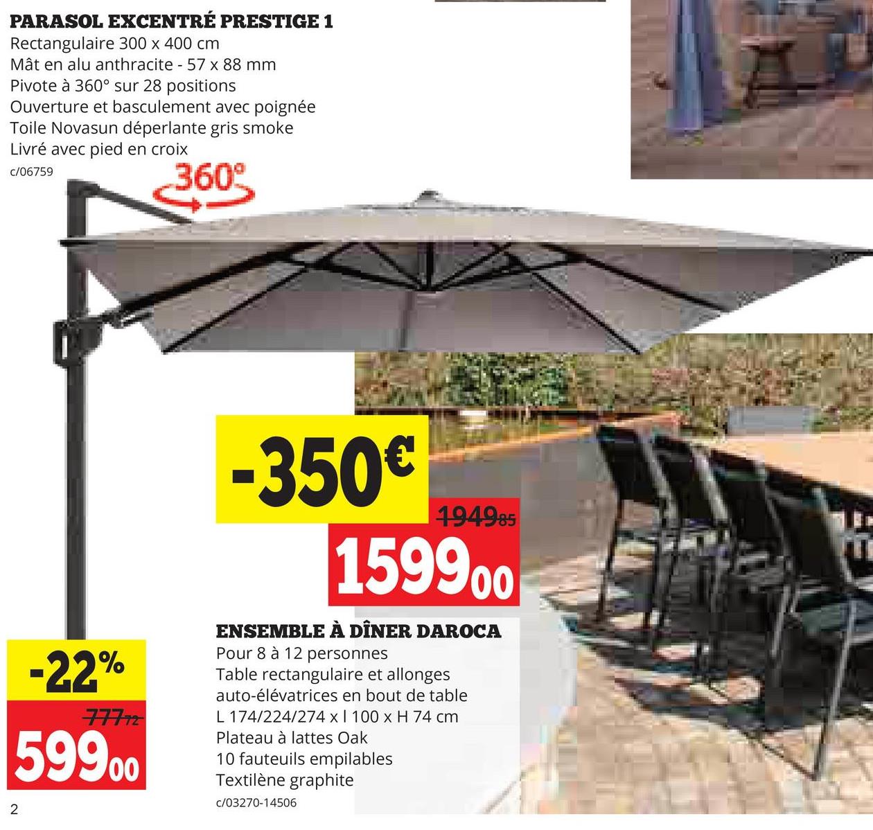 PARASOL EXCENTRÉ PRESTIGE 1
Rectangulaire 300 x 400 cm
Mât en alu anthracite - 57 x 88 mm
Pivote à 360° sur 28 positions
Ouverture et basculement avec poignée
Toile Novasun déperlante gris smoke
Livré avec pied en croix
c/06759
360°
2
-22%
59900
77772
-350€
194985
159900
ENSEMBLE À DÎNER DAROCA
Pour 8 à 12 personnes
Table rectangulaire et allonges
auto-élévatrices en bout de table
L 174/224/274 x | 100 x H 74 cm
Plateau à lattes Oak
10 fauteuils empilables
Textilène graphite
C/03270-14506