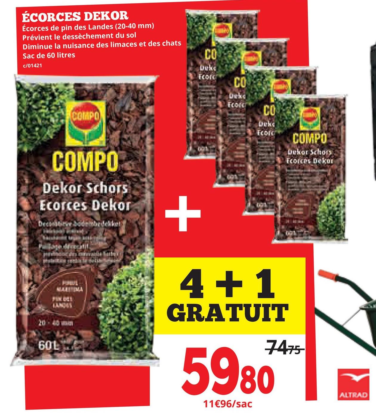 ÉCORCES DEKOR
Écorces de pin des Landes (20-40 mm)
Prévient le dessèchement du sol
Diminue la nuisance des limaces et des chats
Sac de 60 litres
c/01421
COMPO
COMPO
Dekor Schors
Ecorces Dekor
+
CO
CO
Footer
CO
Febrer
COMPO
Dekor Schors
Forces Dekor
PUBL
20-40 mm
60L
4+1
GRATUIT
5980
11€96/sac
7475-
ALTRAD