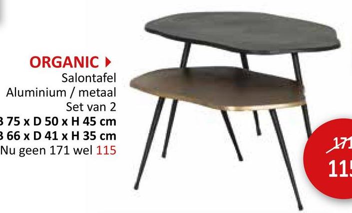 ORGANIC ►
Salontafel
Aluminium/metaal
Set van 2
3 75 x D 50 x H 45 cm
3 66 x D 41 x H 35 cm
Nu geen 171 wel 115
171
115