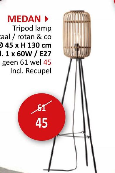 MEDAN ▸
Tripod lamp
caal / rotan & co
45 x H 130 cm
1. 1 x 60W / E27
geen 61 wel 45
Incl. Recupel
61
45