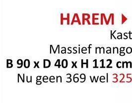 HAREM ►
Kast
Massief mango
B 90 x D 40 x H 112 cm
Nu geen 369 wel 325