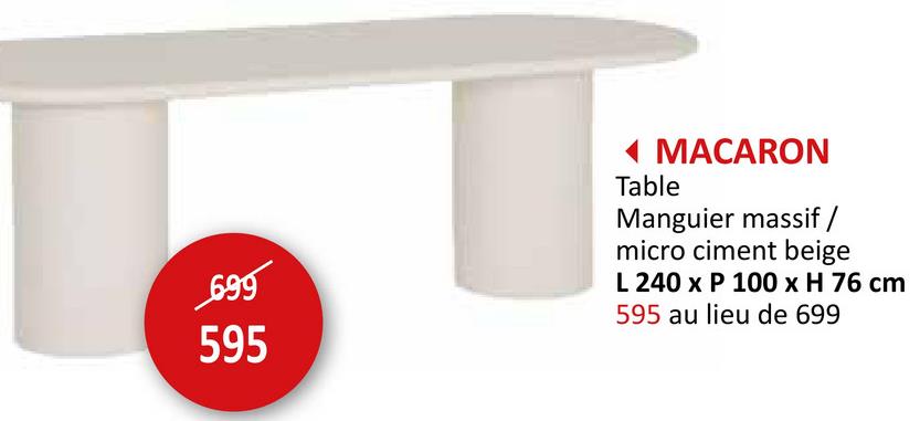 699
595
MACARON
Table
Manguier massif /
micro ciment beige
L 240 x P 100 x H 76 cm
595 au lieu de 699