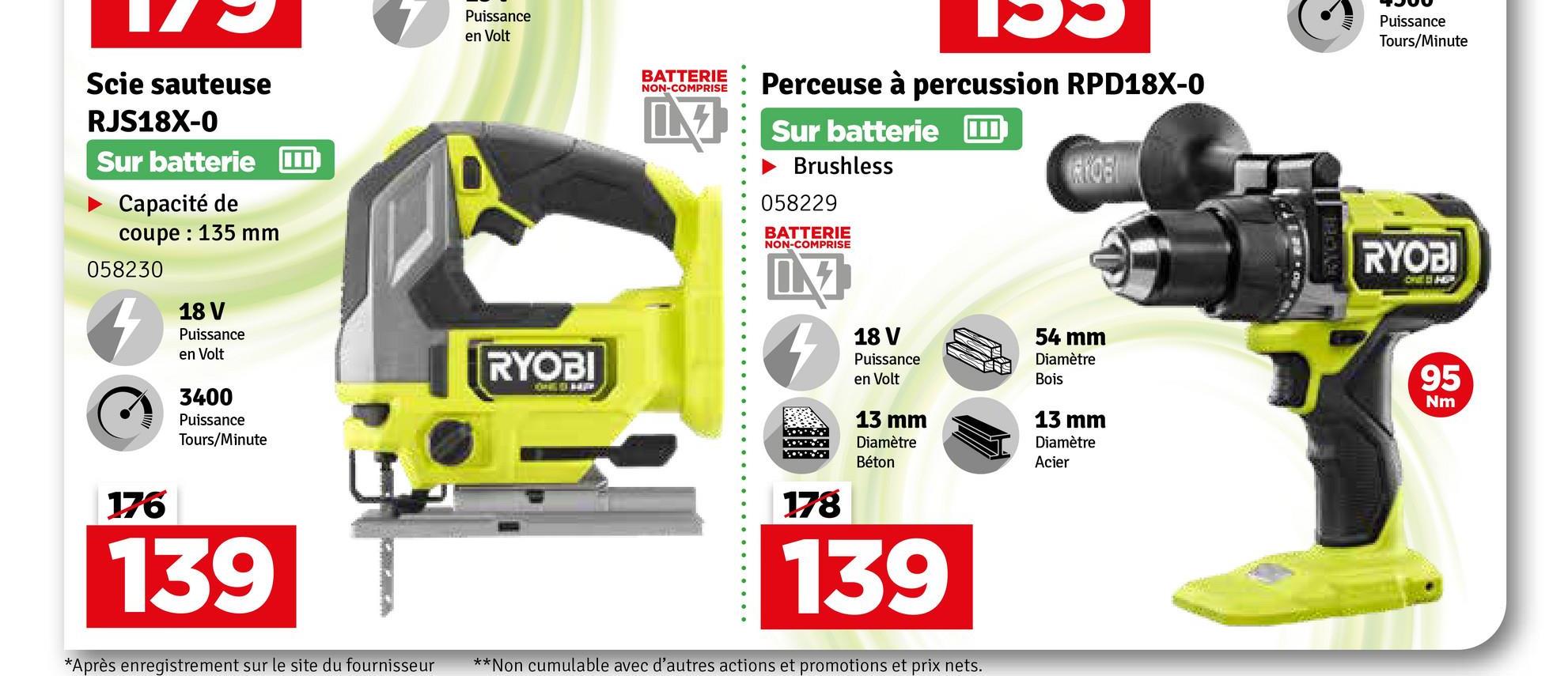 Scie sauteuse
RJS18X-0
Sur batterie
Capacité de
coupe 135 mm
058230
18 V
Puissance
en Volt
3400
Puissance
Tours/Minute
176
139
*Après enregistrement sur le site du fournisseur
Puissance
en Volt
RYOBI
BATTERIE
NON-COMPRISE
[IN]
Perceuse à percussion RPD18X-0
Sur batterie
► Brushless
058229
BATTERIE
NON-COMPRISE
ON
+
178
18 V
Puissance
en Volt
13 mm
Diamètre
Béton
139
**Non cumulable avec d'autres actions et promotions et prix nets.
RYOB
54 mm
Diamètre
Bois
13 mm
Diamètre
Acier
Puissance
Tours/Minute
RYOBI
95
Nm