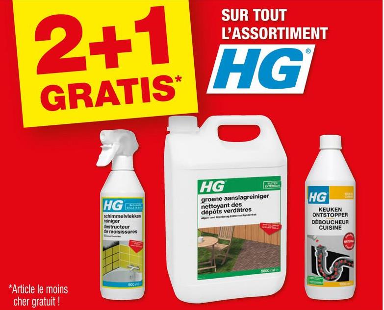 2+1
GRATIS*
SUR TOUT
L'ASSORTIMENT
HG
HG
schimmelvlekken
reiniger
destructeur
de moisissures
HG
groene aanslagreiniger
nettoyant des
dépôts verdâtres
BUITEN
HG
KEUKEN
ONTSTOPPER
DÉBOUCHEUR
CUISINE
*Article le moins
cher gratuit!
500 m
5000 mile
S