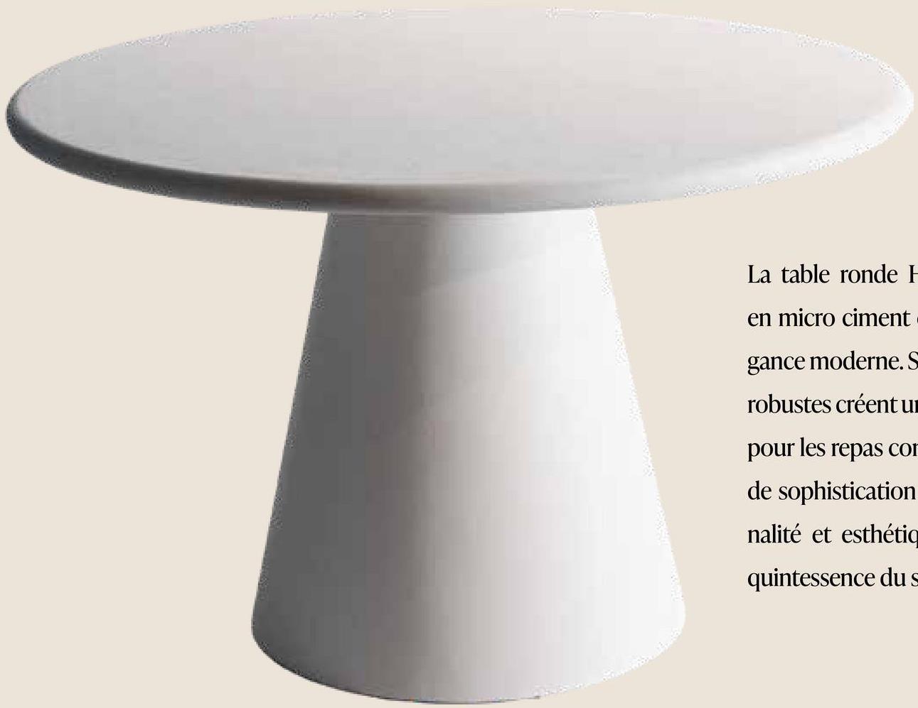La table ronde H
en micro ciment
gance moderne. S
robustes créent ur
pour les repas com
de sophistication
nalité et esthétiq
quintessence du s