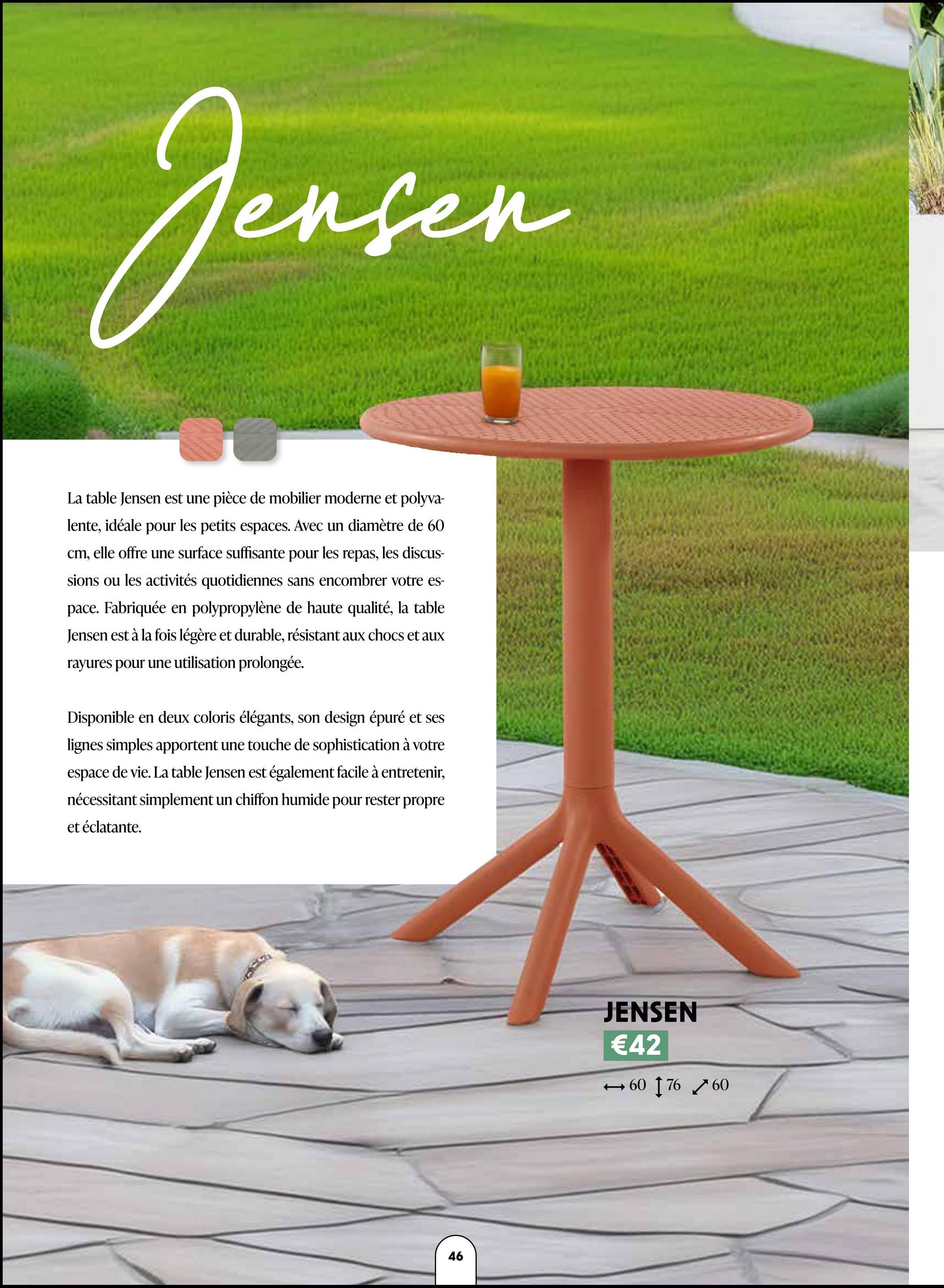 Jensen
La table Jensen est une pièce de mobilier moderne et polyva-
lente, idéale pour les petits espaces. Avec un diamètre de 60
cm, elle offre une surface suffisante pour les repas, les discus-
sions ou les activités quotidiennes sans encombrer votre es-
pace. Fabriquée en polypropylène de haute qualité, la table
Jensen est à la fois légère et durable, résistant aux chocs et aux
rayures pour une utilisation prolongée.
Disponible en deux coloris élégants, son design épuré et ses
lignes simples apportent une touche de sophistication à votre
espace de vie. La table Jensen est également facile à entretenir,
nécessitant simplement un chiffon humide pour rester propre
et éclatante.
46
46
JENSEN
€42
→ 60 176 60