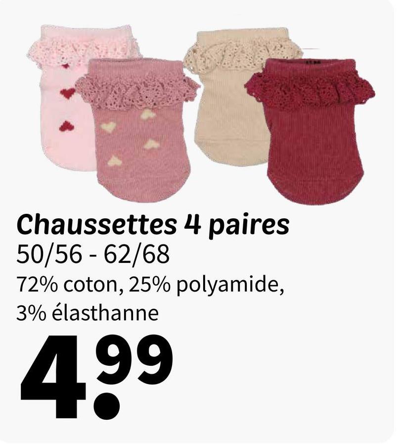 Chaussettes 4 paires
50/56 - 62/68
72% coton, 25% polyamide,
3% élasthanne
4.99