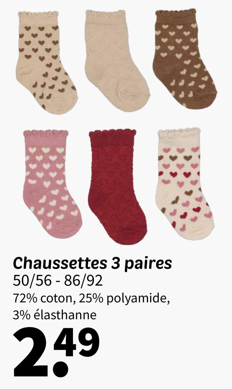 Chaussettes 3 paires
50/56 - 86/92
72% coton, 25% polyamide,
3% élasthanne
249