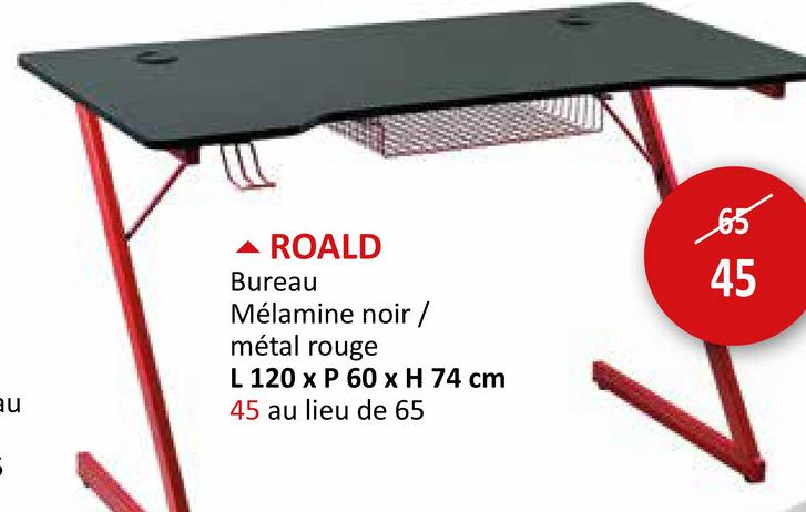 au
▲ ROALD
Bureau
Mélamine noir /
métal rouge
L 120 x P 60 x H 74 cm
45 au lieu de 65
45