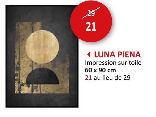 29
21
LUNA PIENA
Impression sur toile
60 x 90 cm
21 au lieu de 29