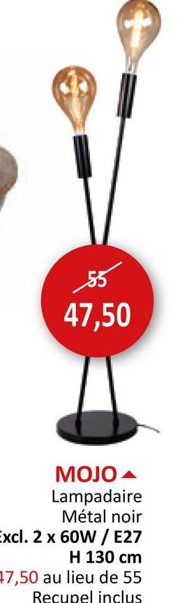 55
47,50
MOJO
Lampadaire
Métal noir
Excl. 2 x 60W/ E27
H 130 cm
47,50 au lieu de 55
Recupel inclus
