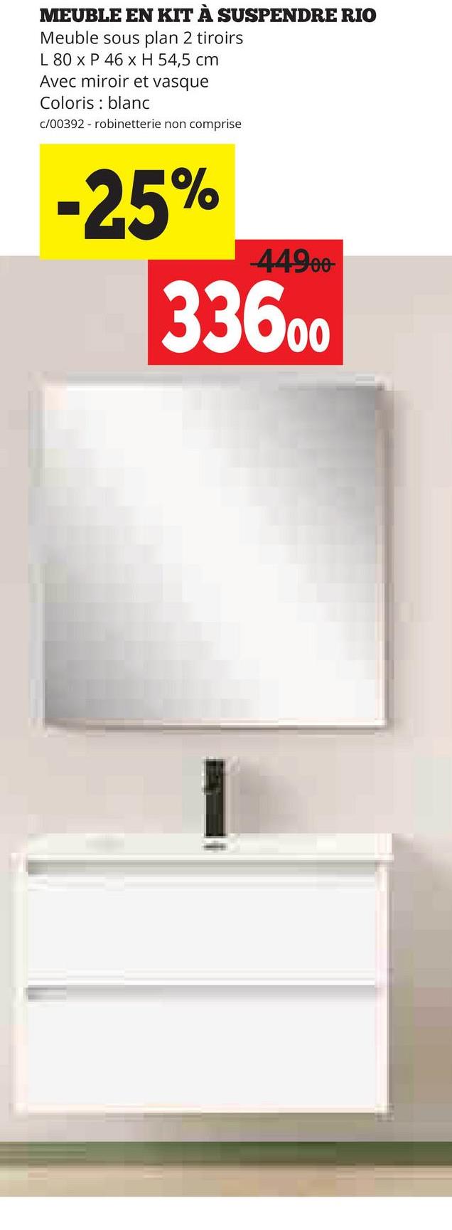 MEUBLE EN KIT À SUSPENDRE RIO
Meuble sous plan 2 tiroirs
L 80 x P 46 x H 54,5 cm
Avec miroir et vasque
Coloris blanc
c/00392 robinetterie non comprise
-25%
44900
33600
