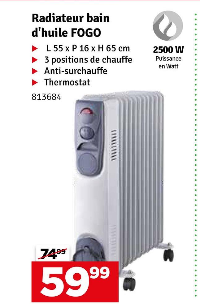 Radiateur bain
d'huile FOGO
L 55 x P 16 x H 65 cm
3 positions de chauffe
Anti-surchauffe
Thermostat
813684
2500 W
Puissance
en Watt
7499
5999