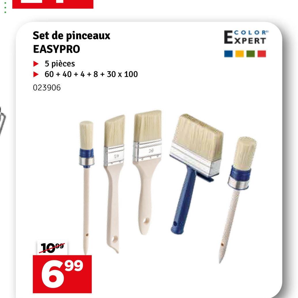 Set de pinceaux
EASYPRO
5 pièces
60+40 + 4 +8 + 30 x 100
023906
1999
699
COLOR
EXPERT