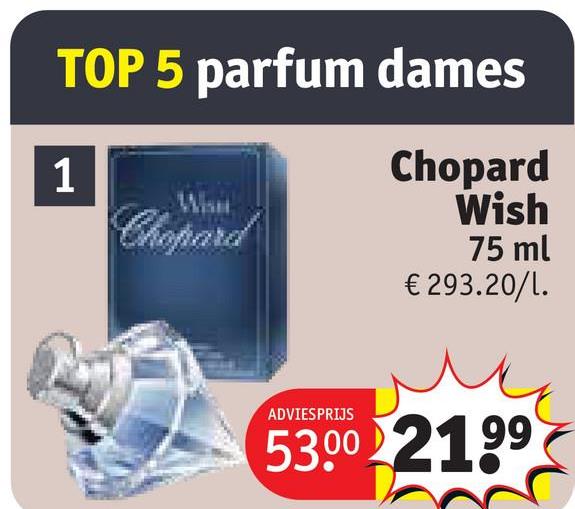 TOP 5 parfum dames
1
Chopard
Chopard
Wish
75 ml
€ 293.20/1.
ADVIESPRIJS
5300 2199
