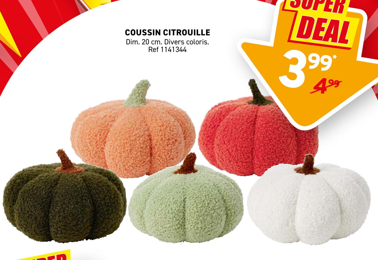 COUSSIN CITROUILLE
Dim. 20 cm. Divers coloris.
Ref 1141344
DEAL
3.99*
499