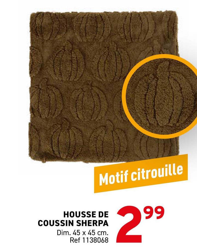 Motif citrouille
2
99
HOUSSE DE
COUSSIN SHERPA
Dim. 45 x 45 cm.
Ref 1138068