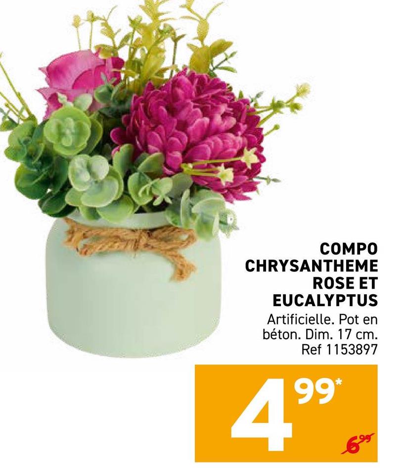 COMPO
CHRYSANTHEME
ROSE ET
EUCALYPTUS
Artificielle. Pot en
béton. Dim. 17 cm.
Ref 1153897
4.990