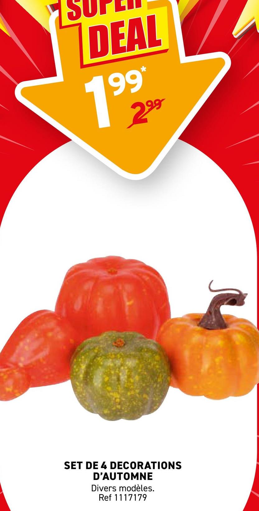 DEAL
99*
1992
SET DE 4 DECORATIONS
D'AUTOMNE
Divers modèles.
Ref 1117179