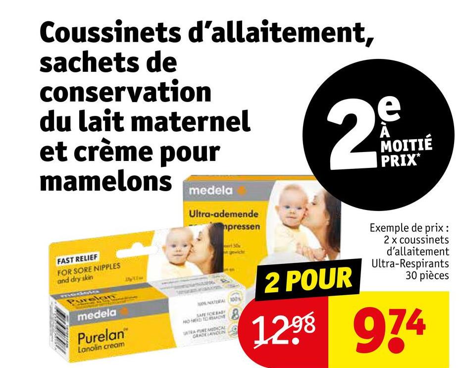 Coussinets d'allaitement, sachets de conservation du lait maternel et crème pour mamelons