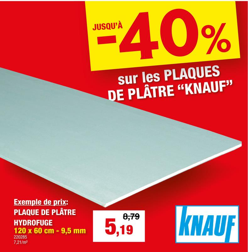 PLAQUE DE PLÂTRE HYDROFUGE 120 x 60 cm - 9,5 mm